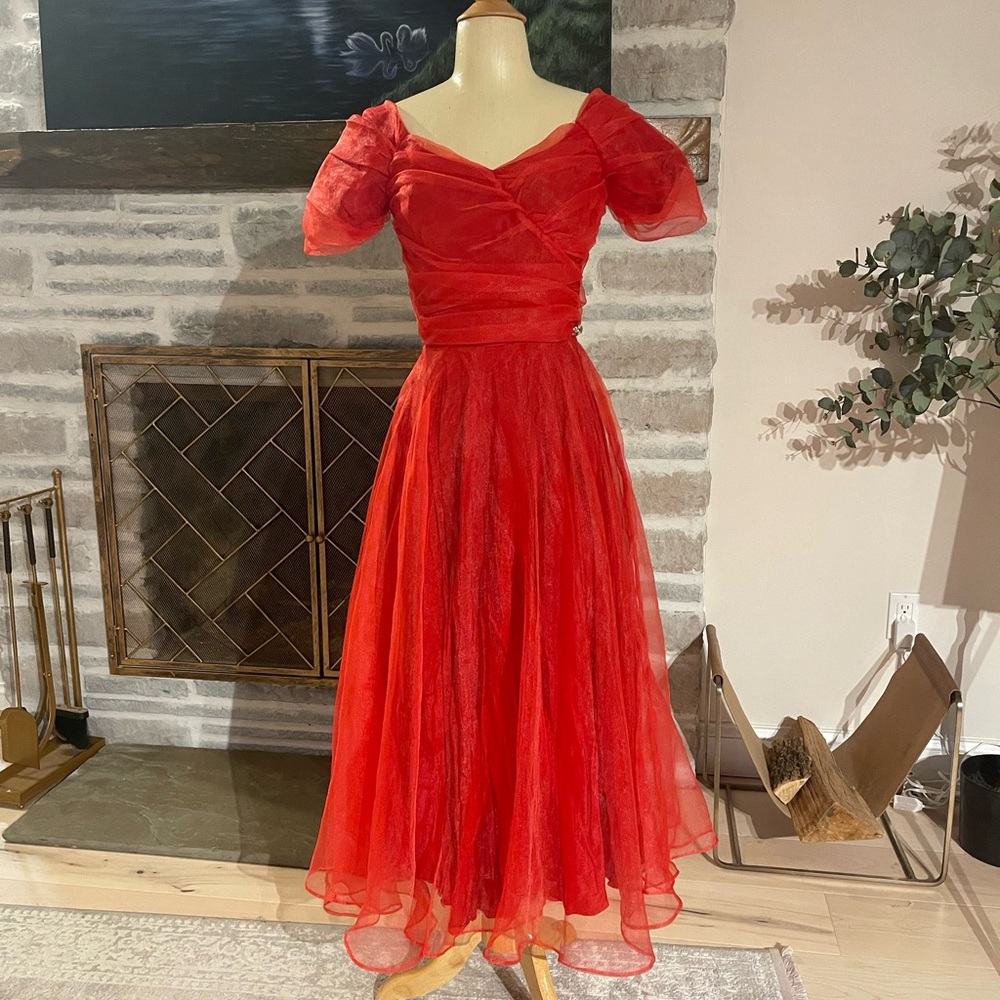 1950s red pinup swing sheer red dress